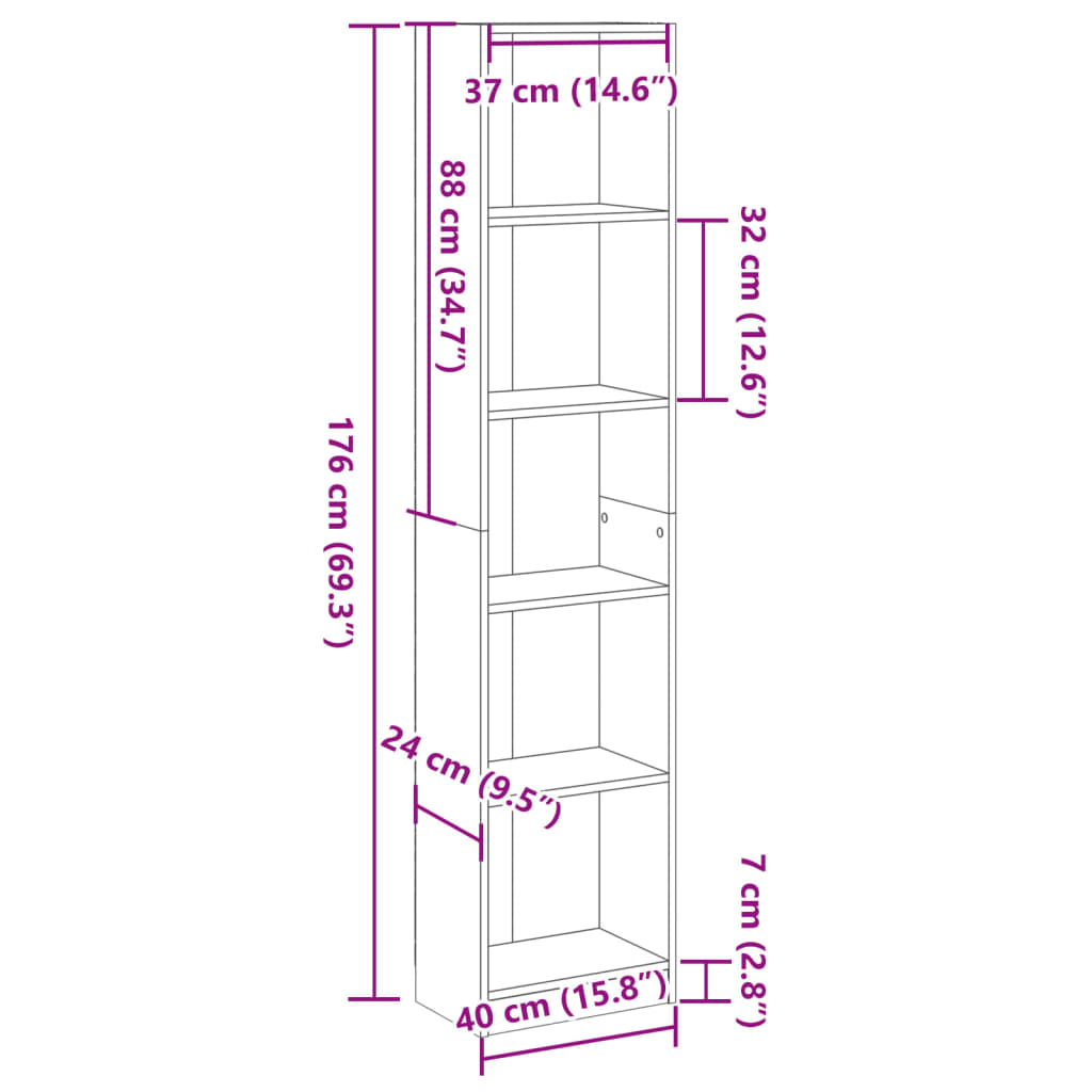 fekete szerelt fa könyvszekrény 40 x 24 x 176 cm