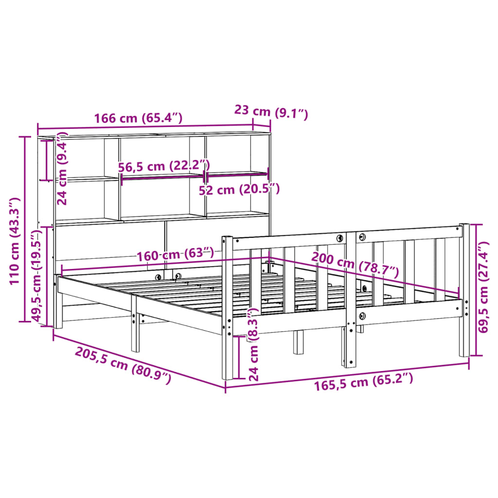 fehér tömör fenyőfa könyvespolcos ágy matrac nélkül 160x200 cm