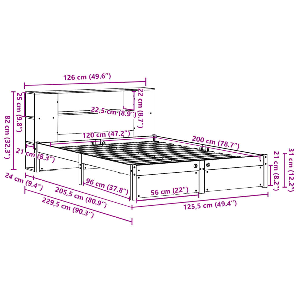tömör fenyőfa könyvespolcos ágy matrac nélkül 120 x 200 cm