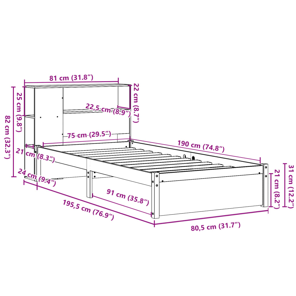 fehér tömör fenyőfa könyvespolcos ágy matrac nélkül 75 x 190 cm
