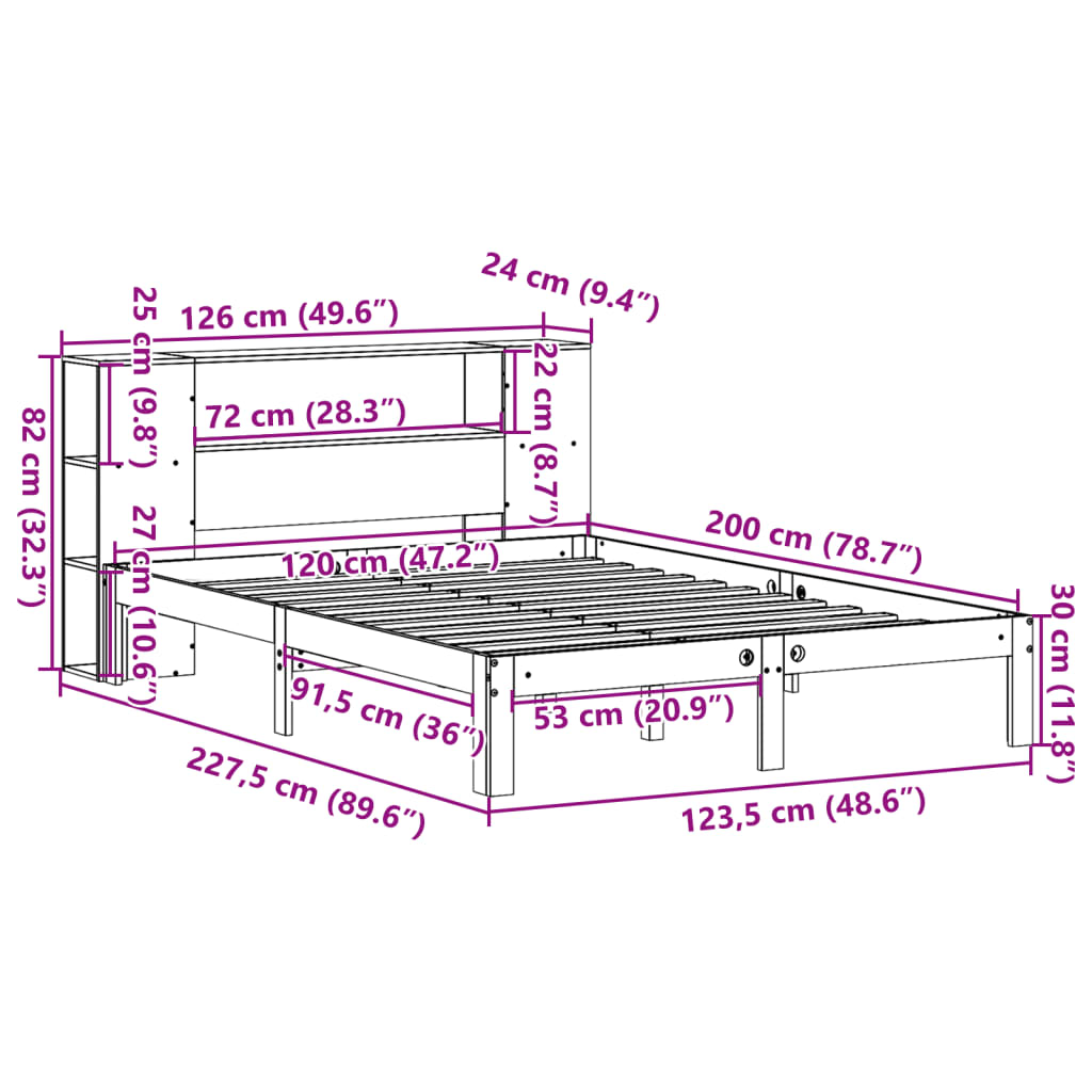 fehér tömör fenyőfa könyvespolcos ágy matrac nélkül 120x200 cm