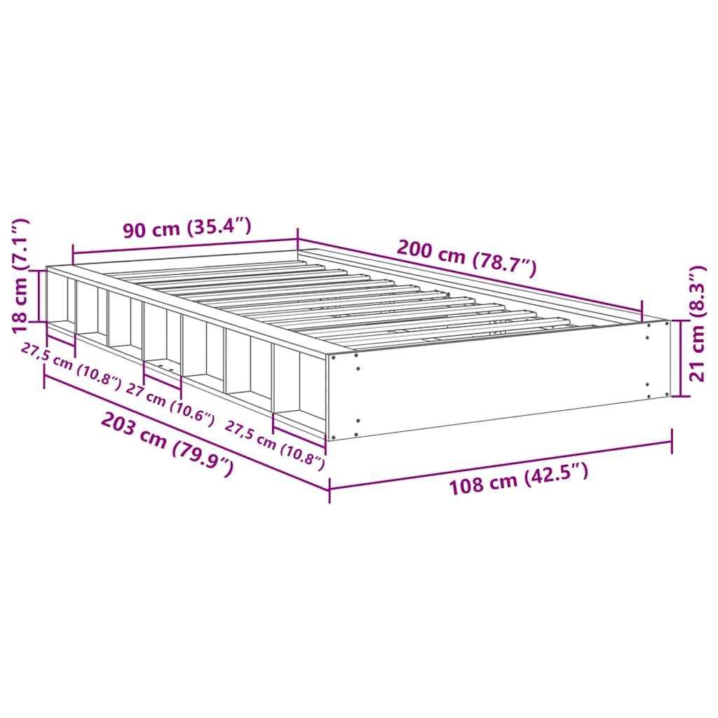 ágykeret matrac nélkül 90x200 cm tömör fa tölgyfa