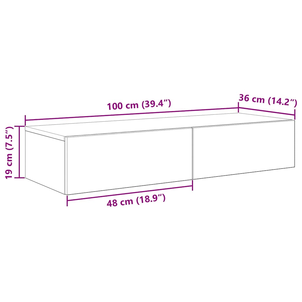 Falipolc fiókokkal fekete 100x36x19 cm műszaki fa