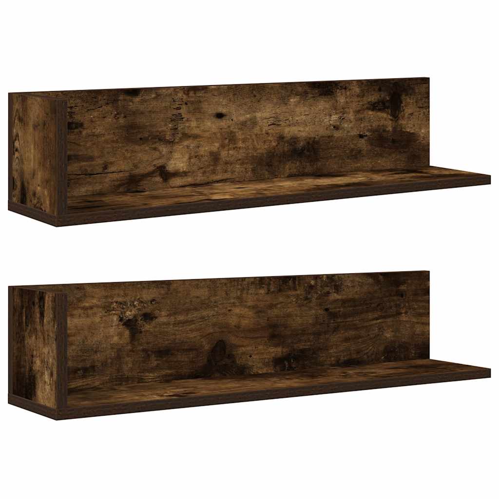 2 db füstös tölgy színű szerelt fa fali polc 75 x 16,5 x 16,5cm