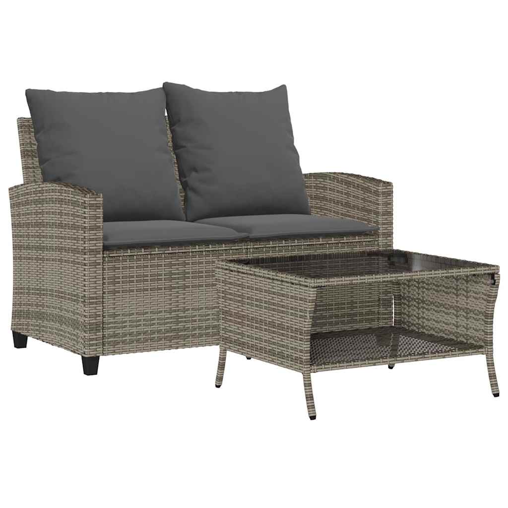 2 személyes szürke polyrattan kerti kanapé asztallal&párnával