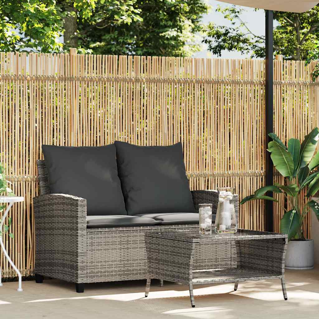 2 személyes szürke polyrattan kerti kanapé asztallal&párnával