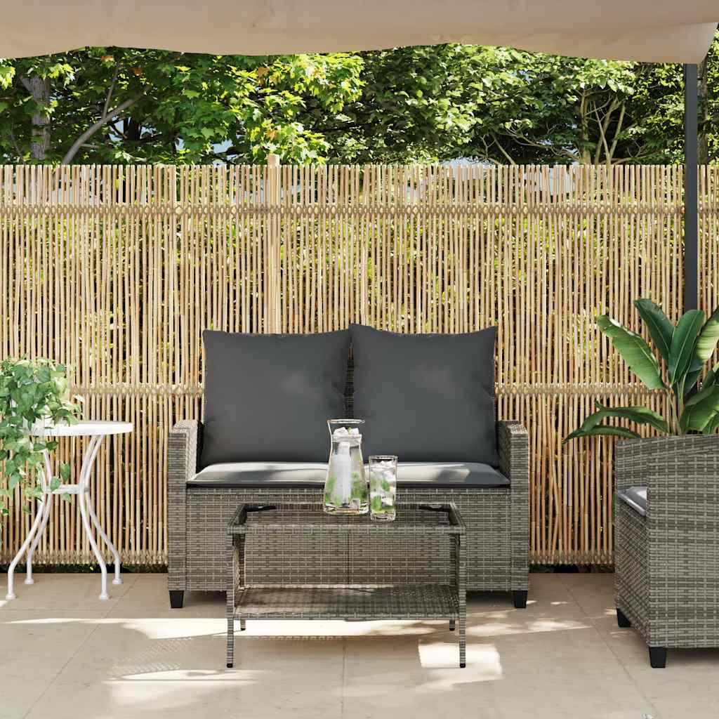 2 személyes szürke polyrattan kerti kanapé asztallal&párnával