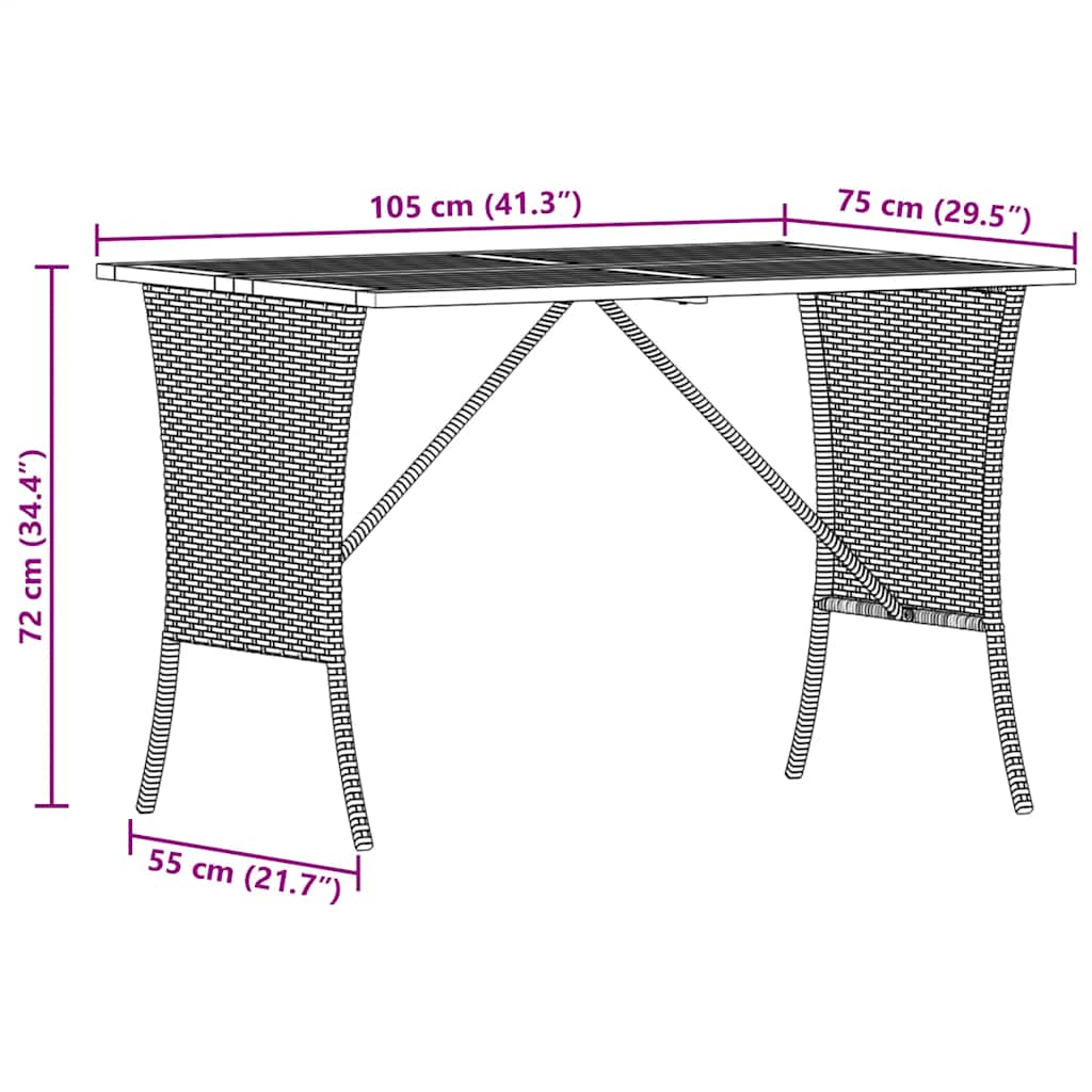 fekete polyrattan kerti asztal akácfa lappal 105x75x72 cm