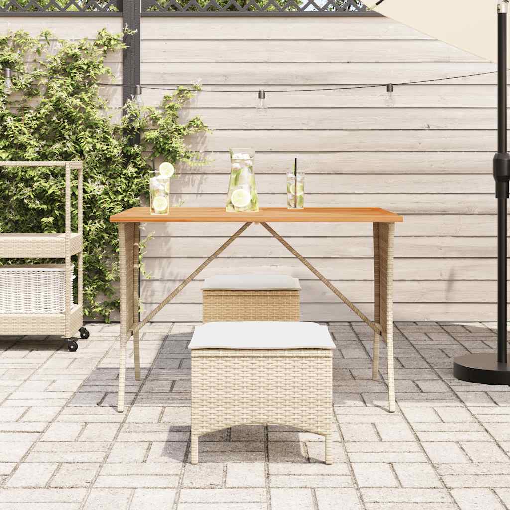 bézs polyrattan akácfa lapos kerti asztal 105x75x72 cm