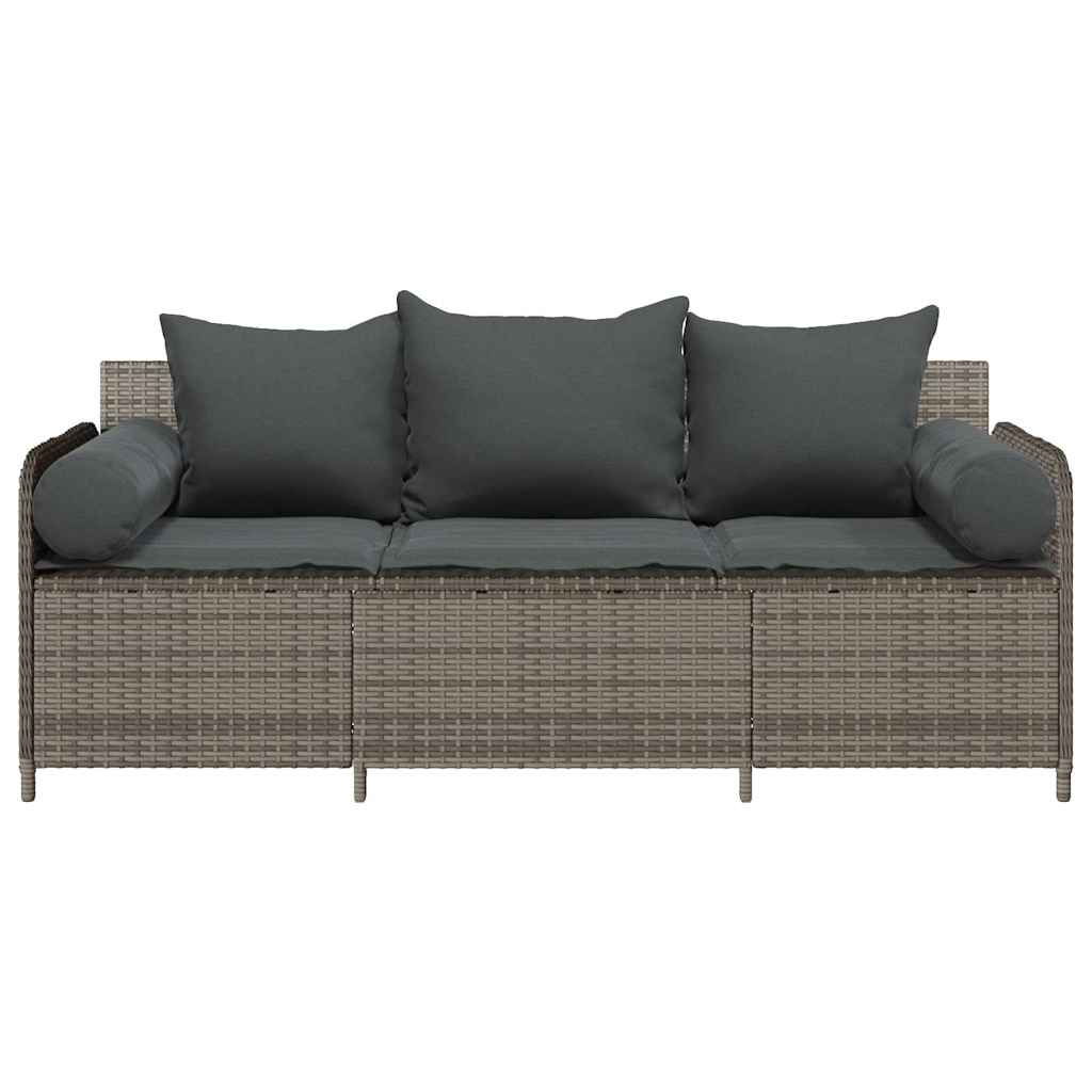 3 személyes szürke polyrattan kerti kanapé párnával