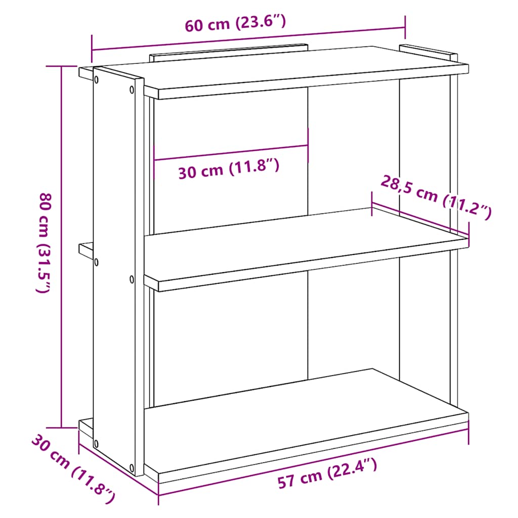 3 szintes fekete szerelt fa könyvespolc 60x30x80 cm