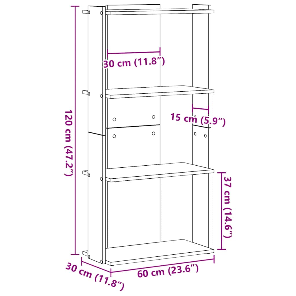 Könyvespolc 3 szintes fehér 60x30x120 cm műfa