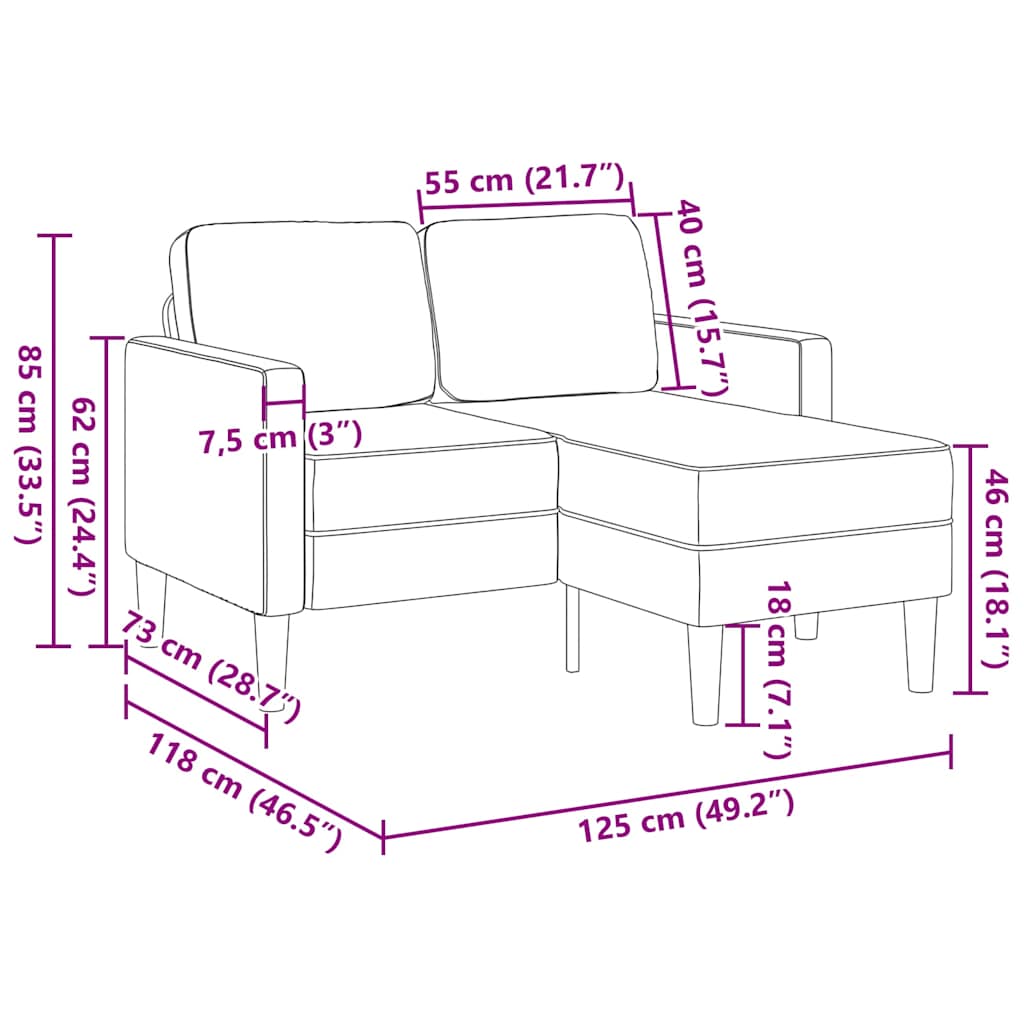 világosszürke műbőr 2 üléses kanapé L-alakú kanapéval 125 cm