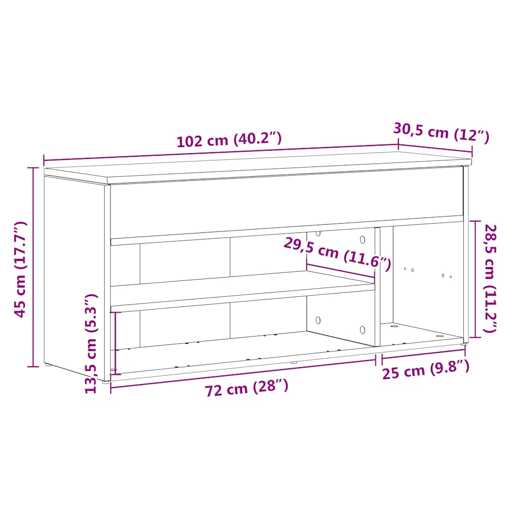 antik fa színű szerelt fa cipőtároló pad 102x30,5x45 cm