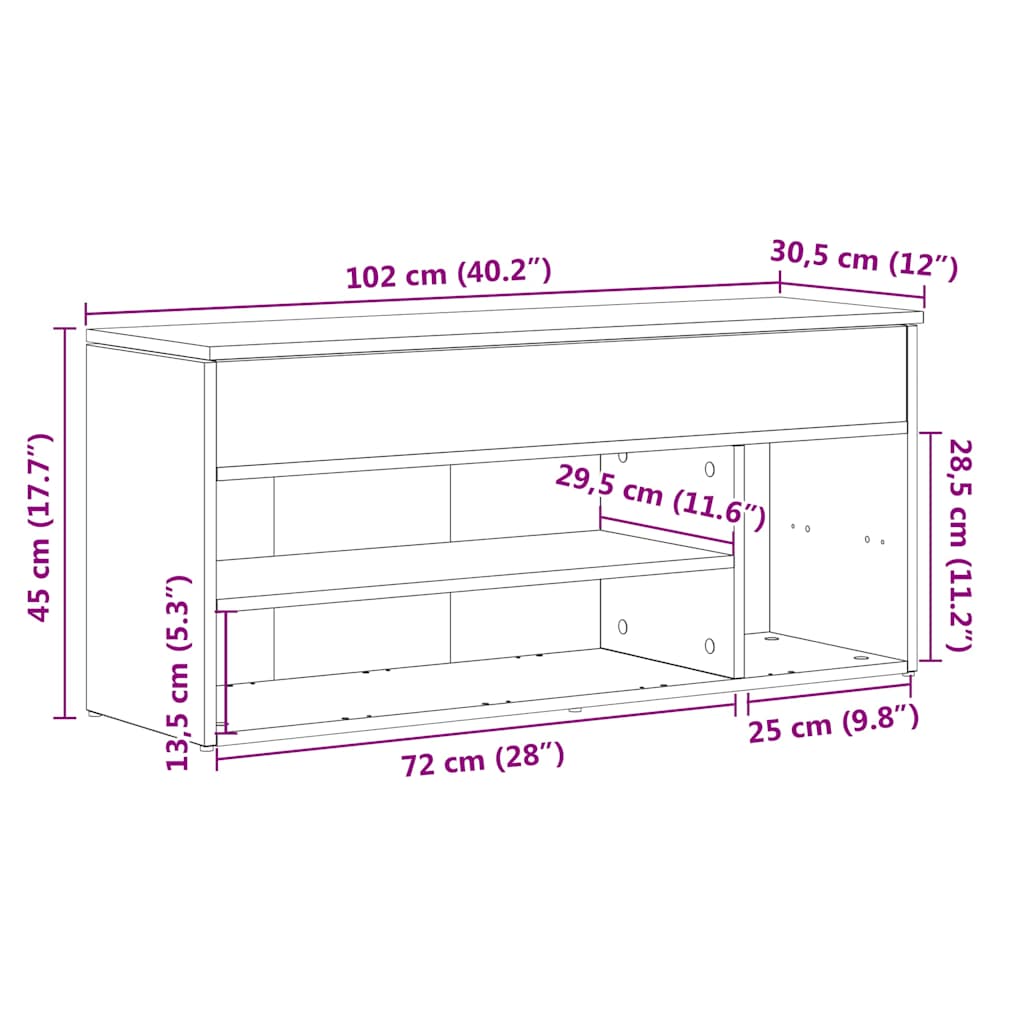 kézműves tölgy színű szerelt fa cipőtároló pad 102x30,5x45 cm