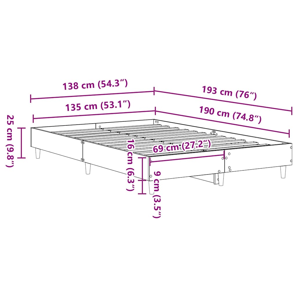 füstös tölgy színű szerelt fa ágykeret matrac nélkül 135x190 cm