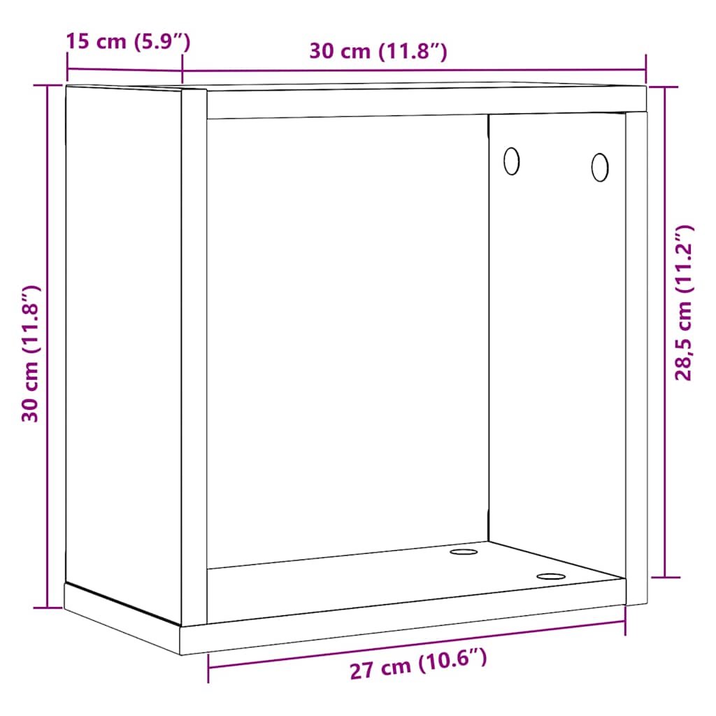 2 db fekete tölgyszínű szerelt fa fali kockapolc 30x15x30 cm