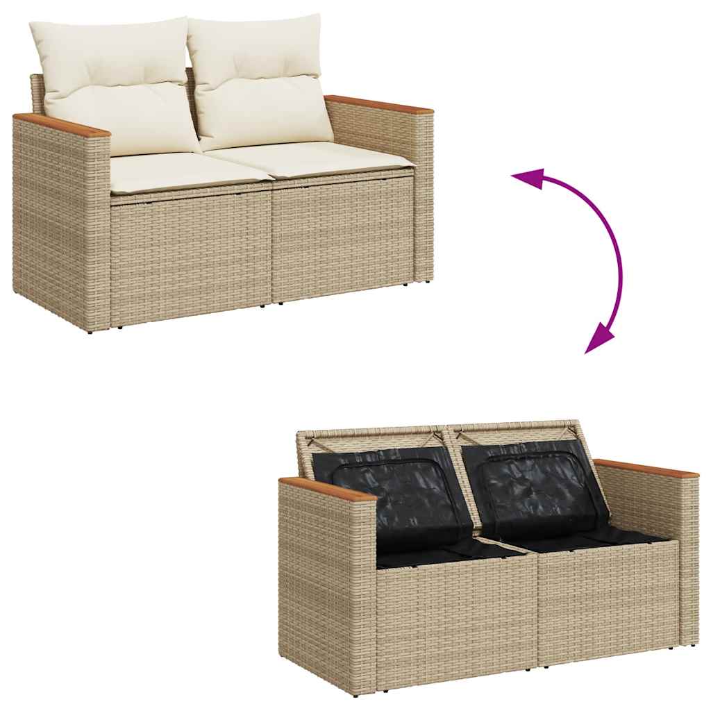 10 részes bézs polyrattan akácfa kerti ülőgarnitúra párnával