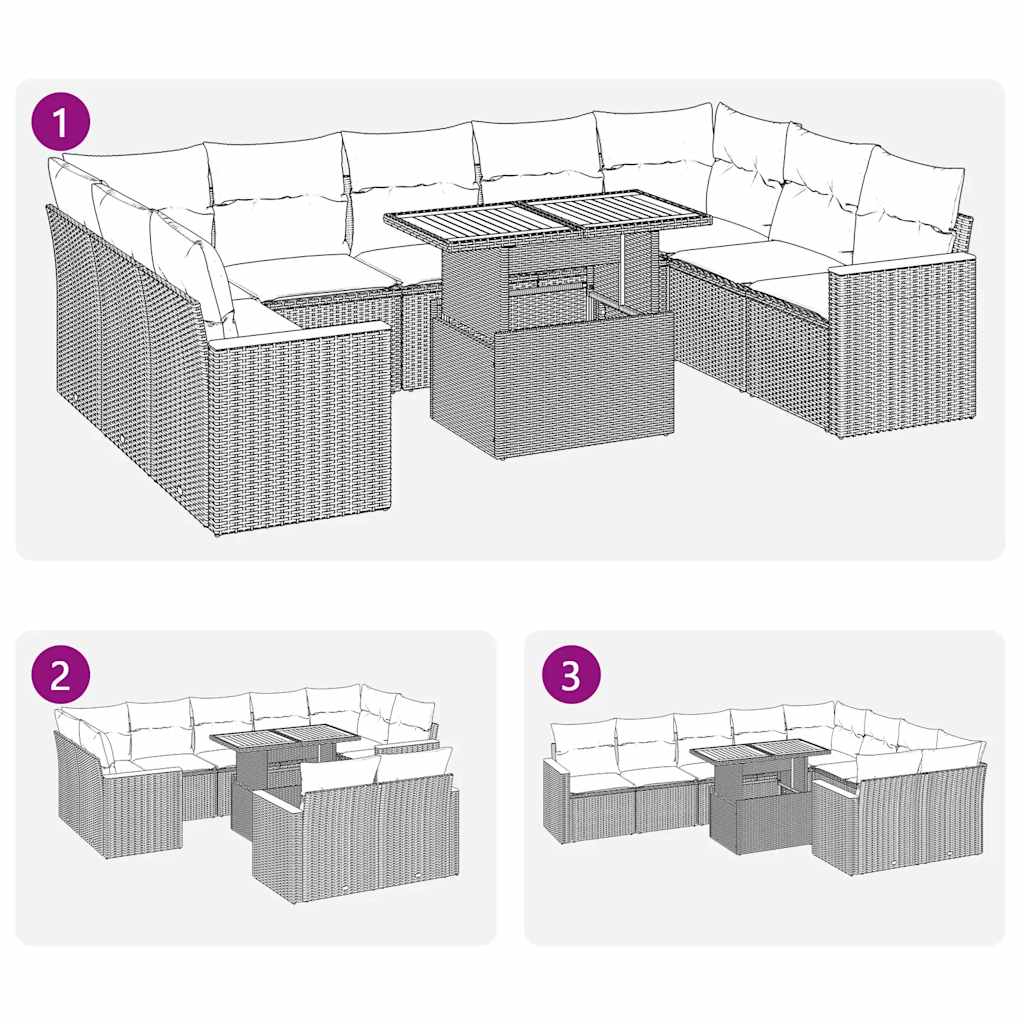 10 részes bézs polyrattan akácfa kerti ülőgarnitúra párnával