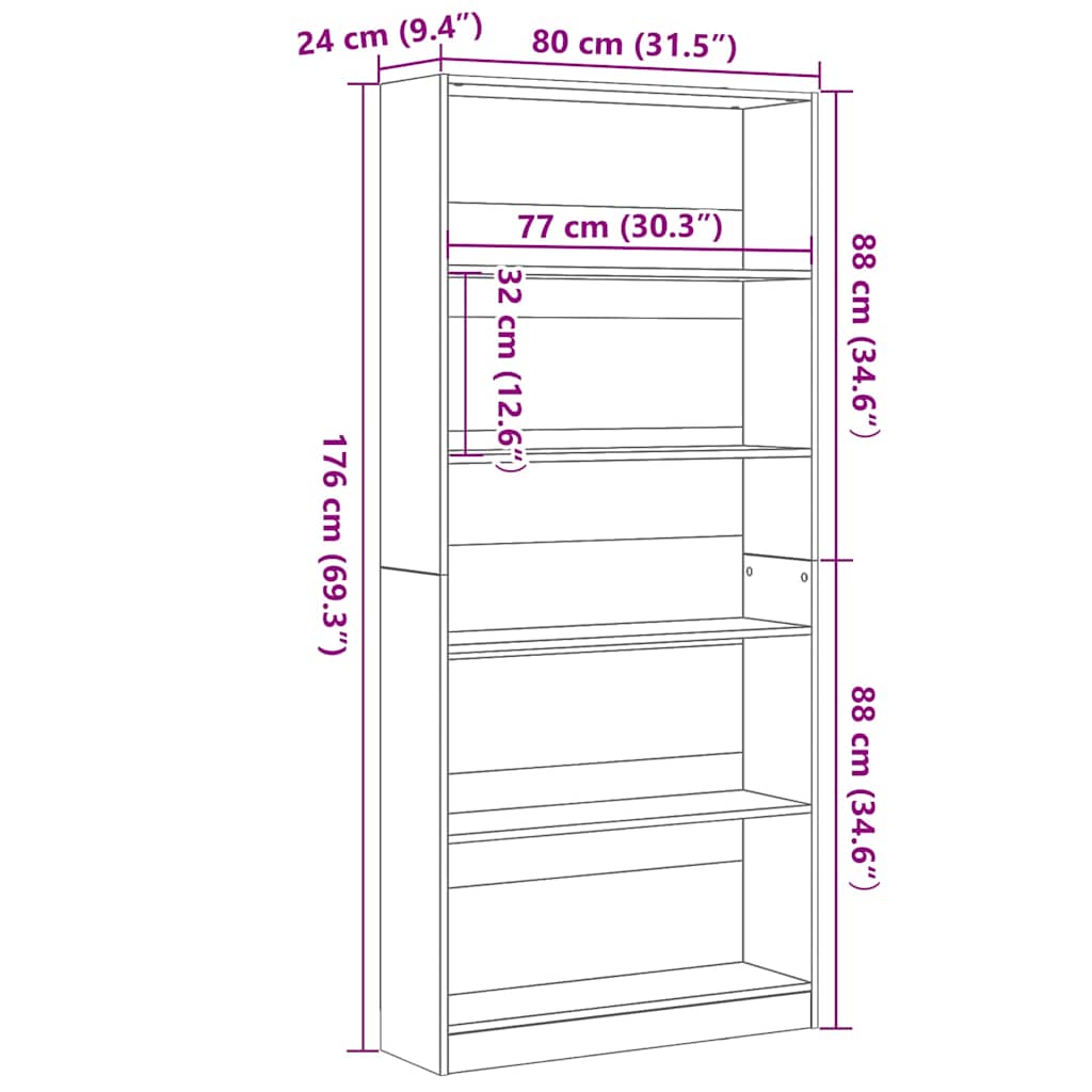 fekete tölgy szerelt fa könyvespolc 80x24x176 cm