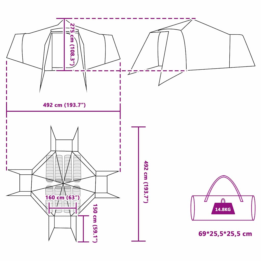 Tipi sátor tetővel Kék és Szürke 492 x 492 x 275 cm szövet