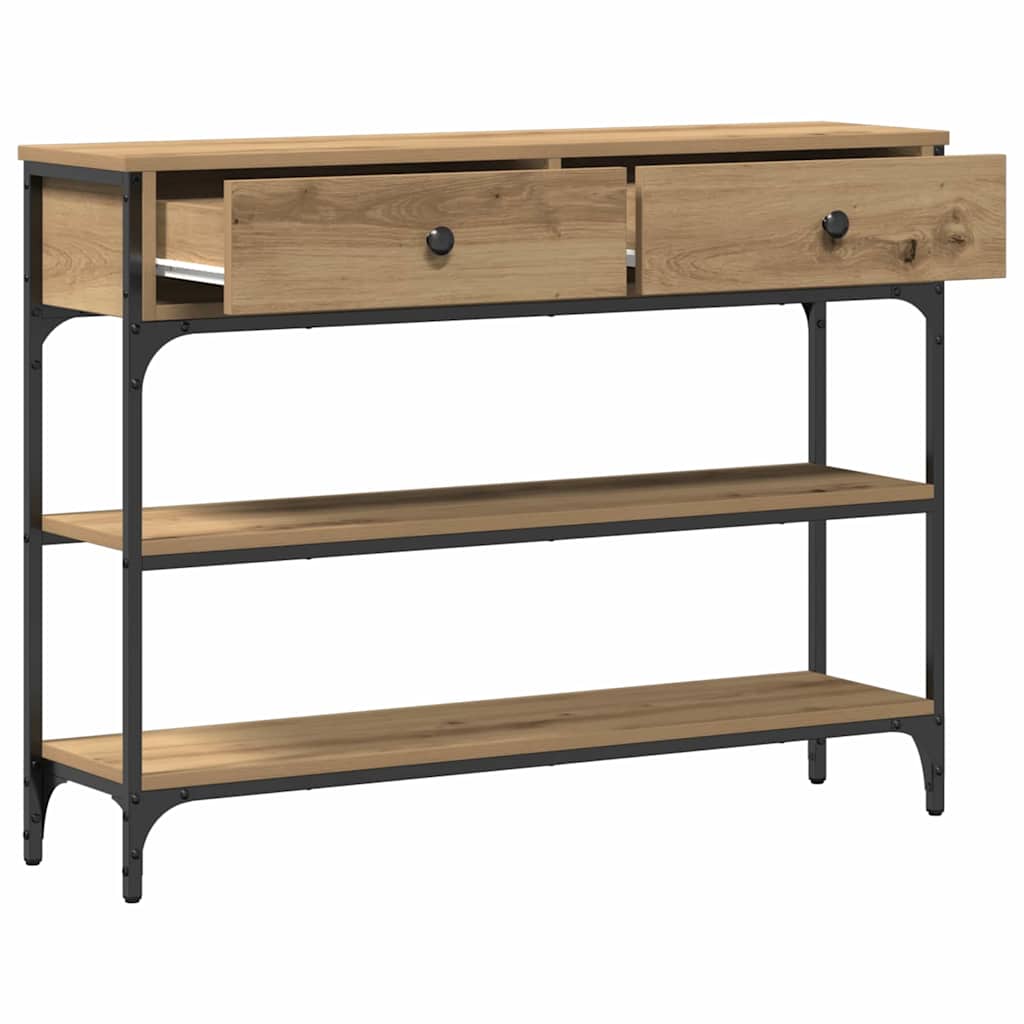 Konzolasztal fiókkal polcokkal kézműves tölgy 100 x 25 x 75 cm
