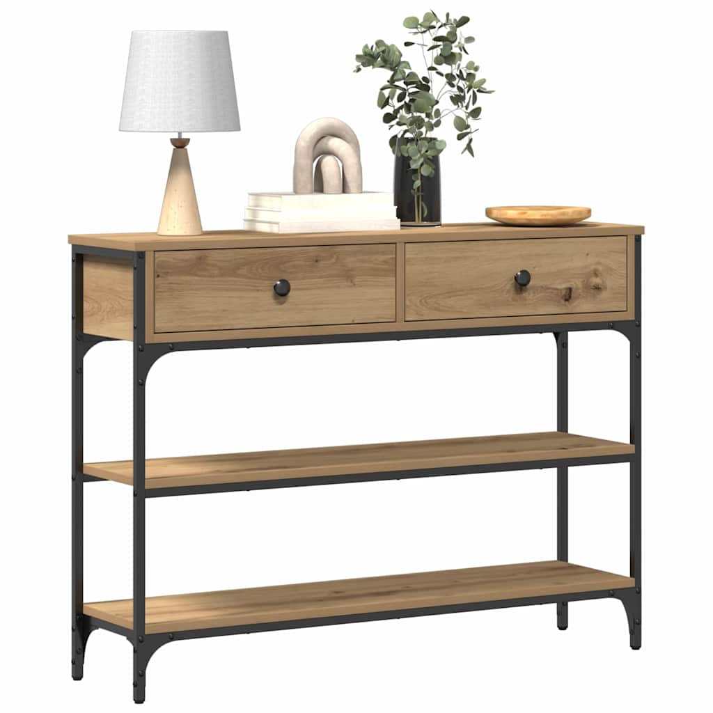 Konzolasztal fiókkal polcokkal kézműves tölgy 100 x 25 x 75 cm