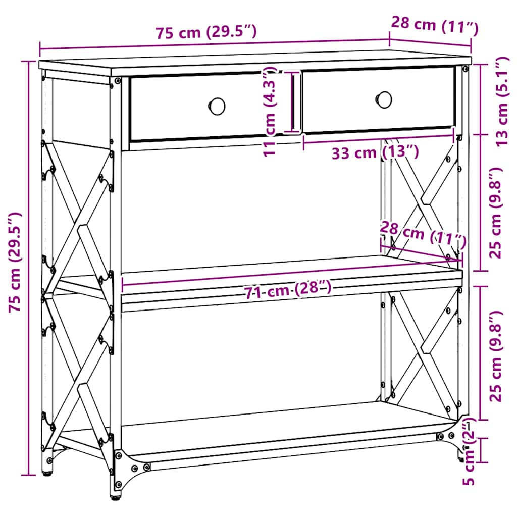 Konzol Asztal Régi fa 75 x 28 x 75 cm Műgyantás fa és fém