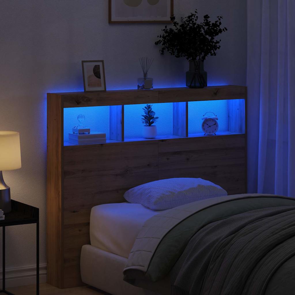 LED-es Fejtámla Szekrény kézműves tölgy 121 x 17 x 102 cm