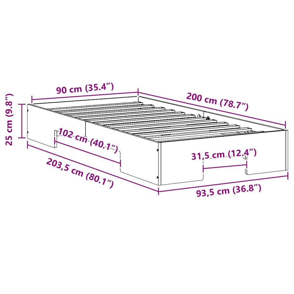 Földi ágykeret tárolóval Fehér 90 x 200 cm Tömör fenyőfa