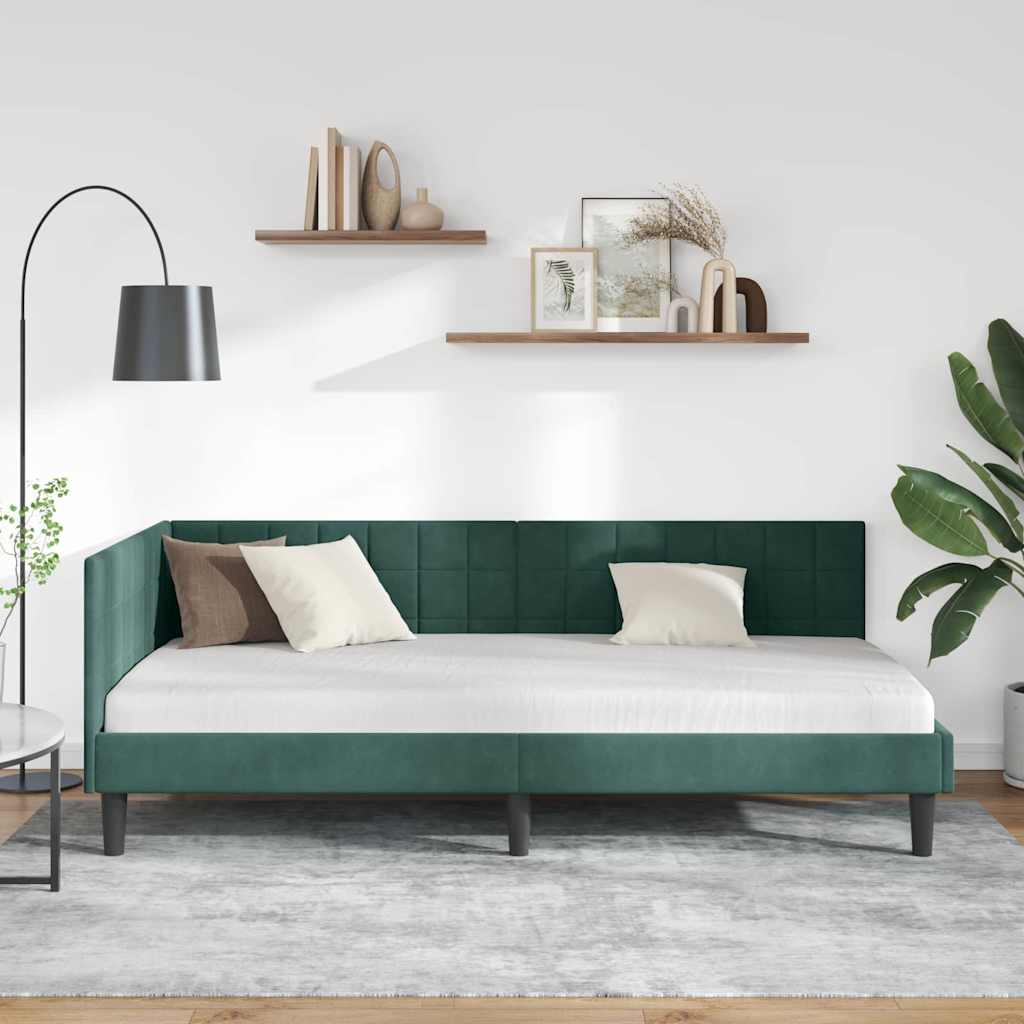 Sarokágy keret fejtámlával Sötétzöld 90 x 200 cm Bársony
