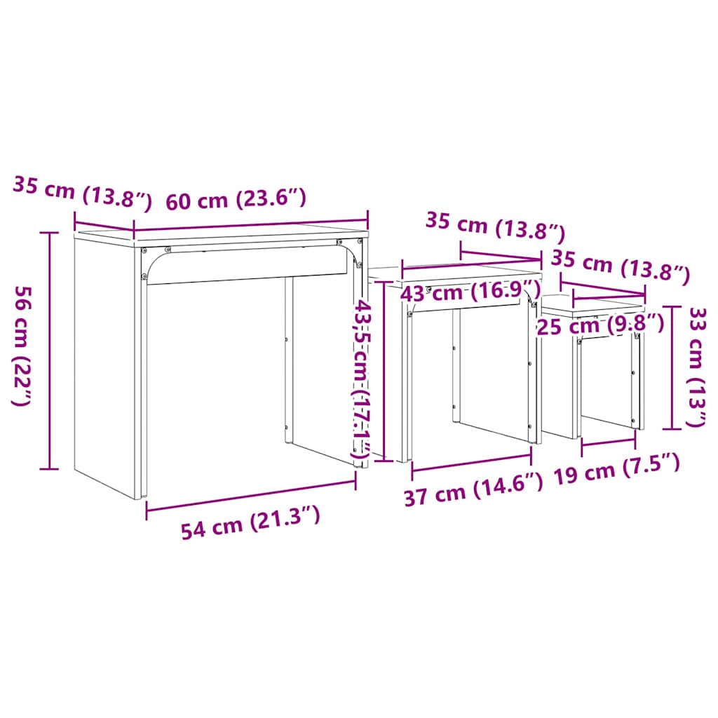 Fészkelt Kávézó Asztal 3 pcs kézműves tölgy 60 x 35 x 56 cm
