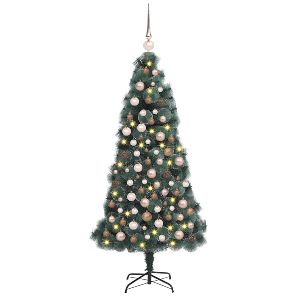 Műfenyő LED fényekkel és gömbökkel 300 LED-del Zöld 180 cm PET