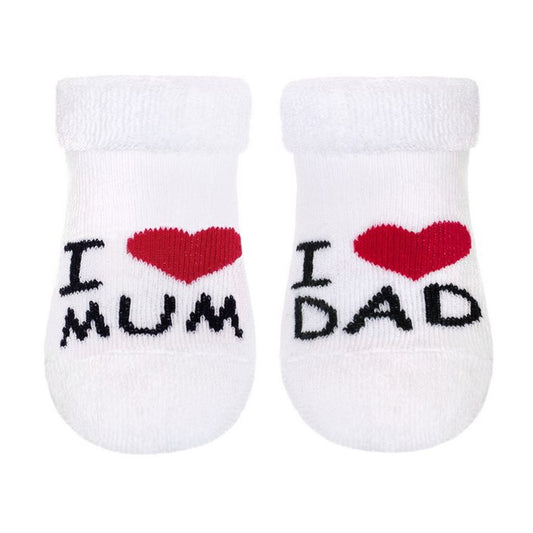 Csecsemõ frottír zokni New baby fehér I Love Mum and Dad