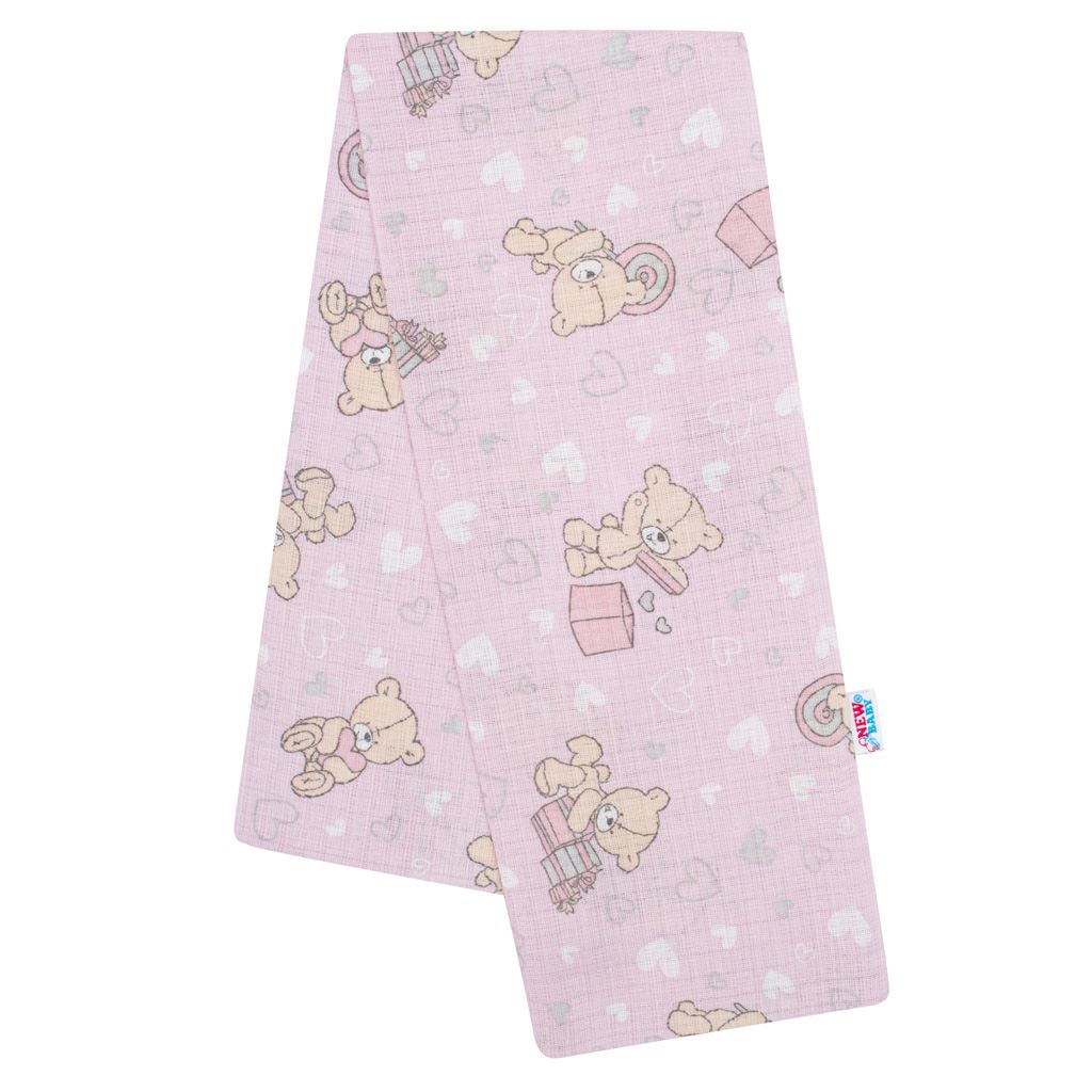 Pamut pelenka nyomtatott mintával New baby rózsaszín maci és szívecske