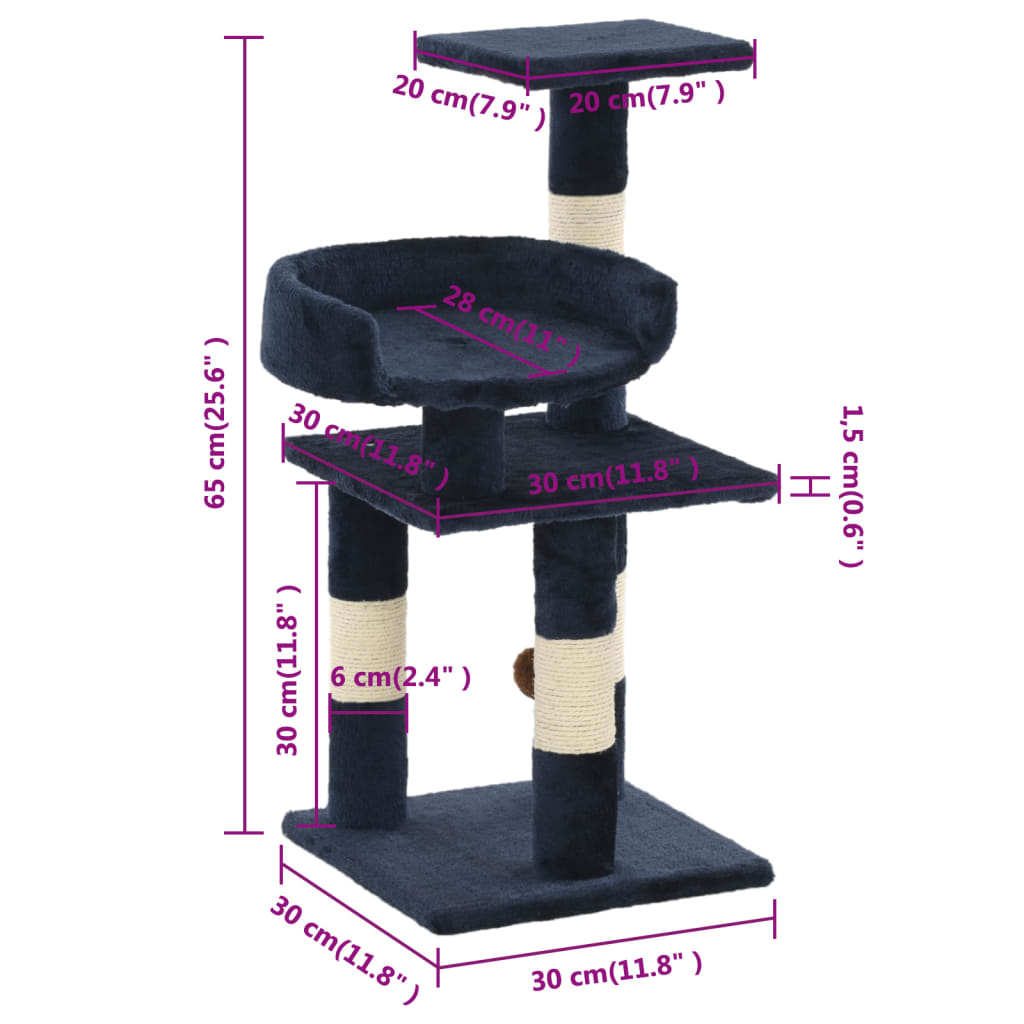 kék macskabútor szizál kaparófákkal 65 cm