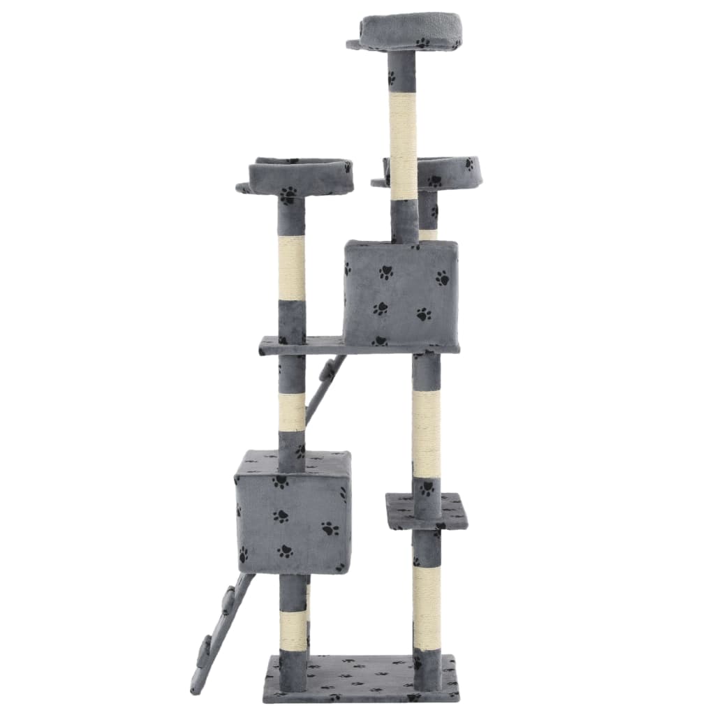 szürke, mancsmintás macskabútor szizál kaparófákkal 170 cm