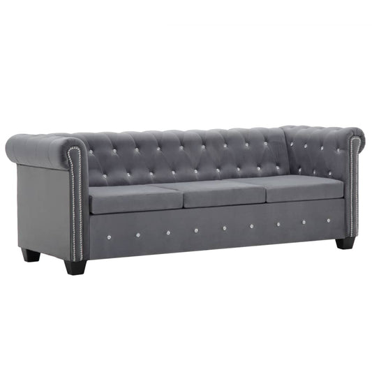 szürke 3 személyes bársony Chesterfield kanapé 199x75x72 cm