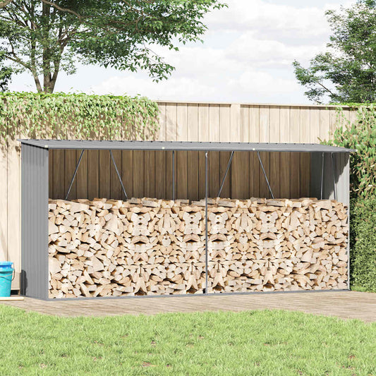 szürke horganyzott acél kerti tűzifatároló 330 x 84 x 152 cm