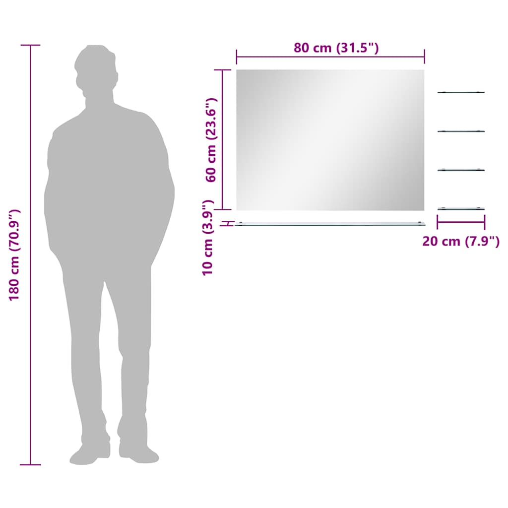 ezüstszínű falitükör 5 polccal 80 x 60 cm