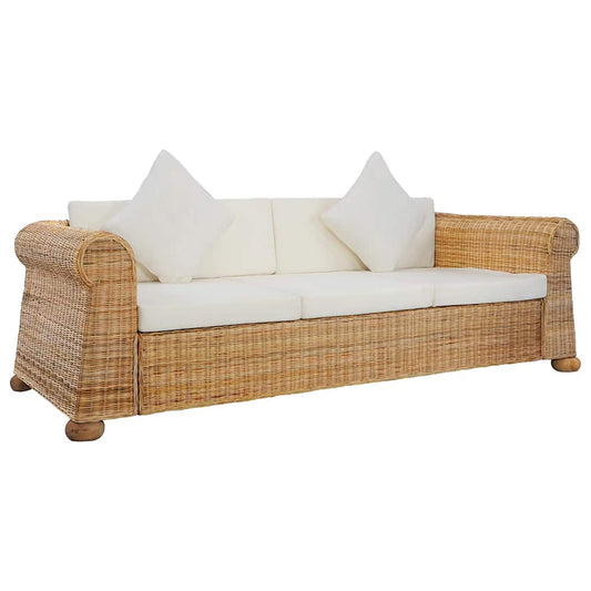 3 személyes természetes rattan kanapé párnákkal