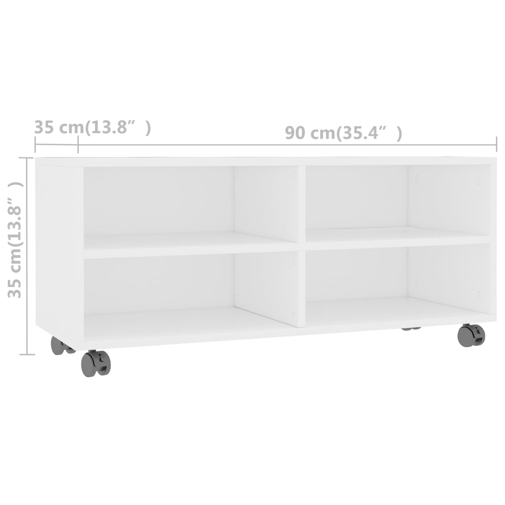 fehér szerelt fa TV-szekrény görgőkkel 90 x 35 x 35 cm