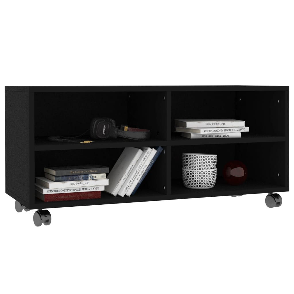 fekete szerelt fa TV-szekrény görgőkkel 90 x 35 x 35 cm