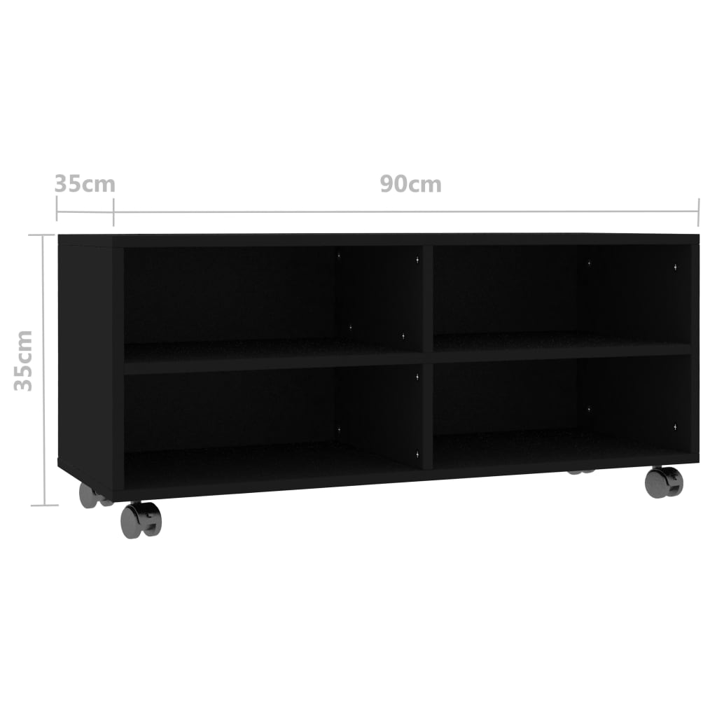fekete szerelt fa TV-szekrény görgőkkel 90 x 35 x 35 cm