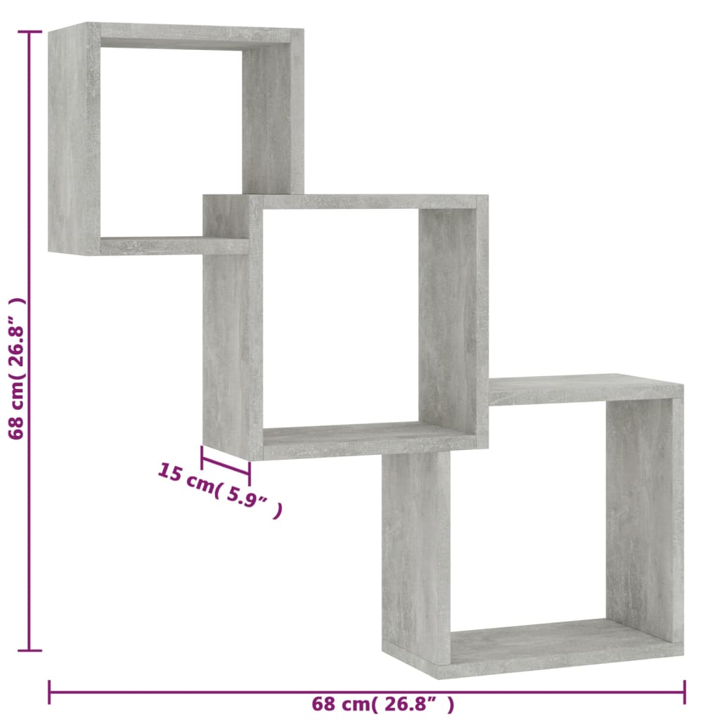 betonszürke kocka alakú szerelt fa fali polcok 68x15x68 cm