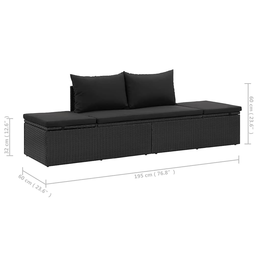 fekete polyrattan napozóágy párnákkal