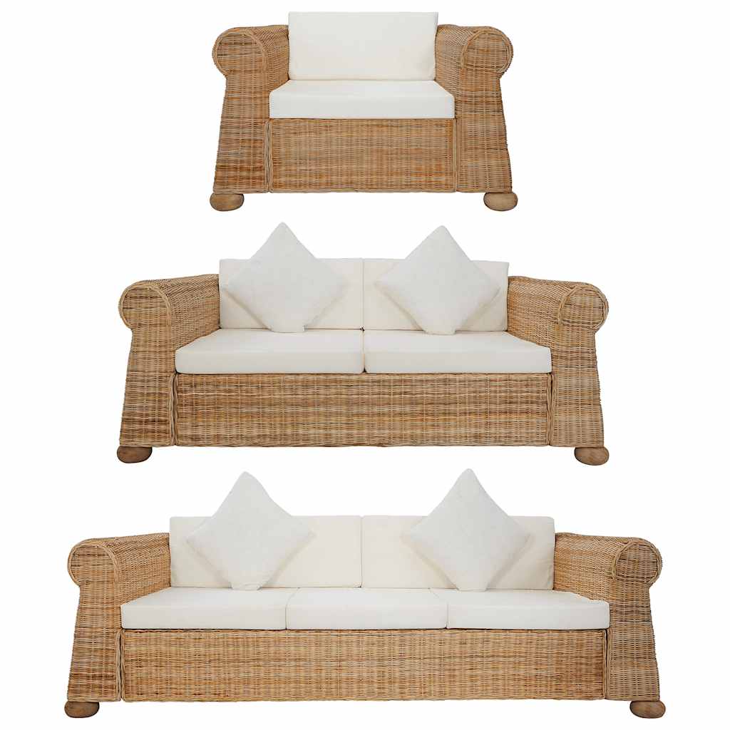 3 részes természetes rattan kanapészett párnákkal