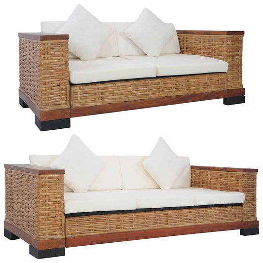 2 részes barna természetes rattan kanapészett párnákkal
