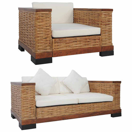 3 részes barna természetes rattan kanapészett párnákkal