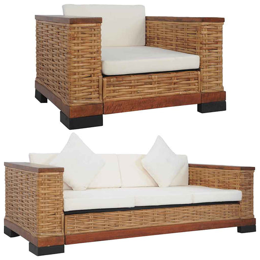 2 részes barna természetes rattan kanapészett párnákkal